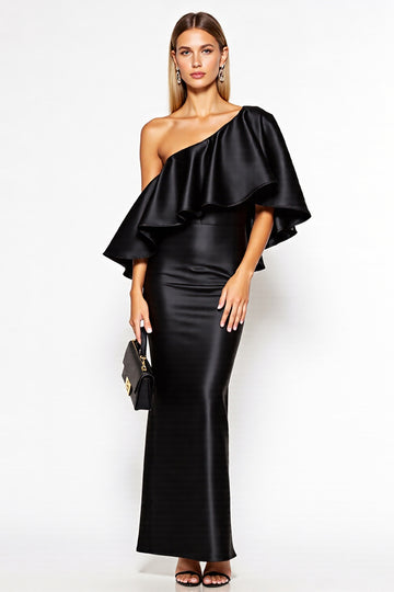 Black Sheath One Shoulder Satin Maxi Dress